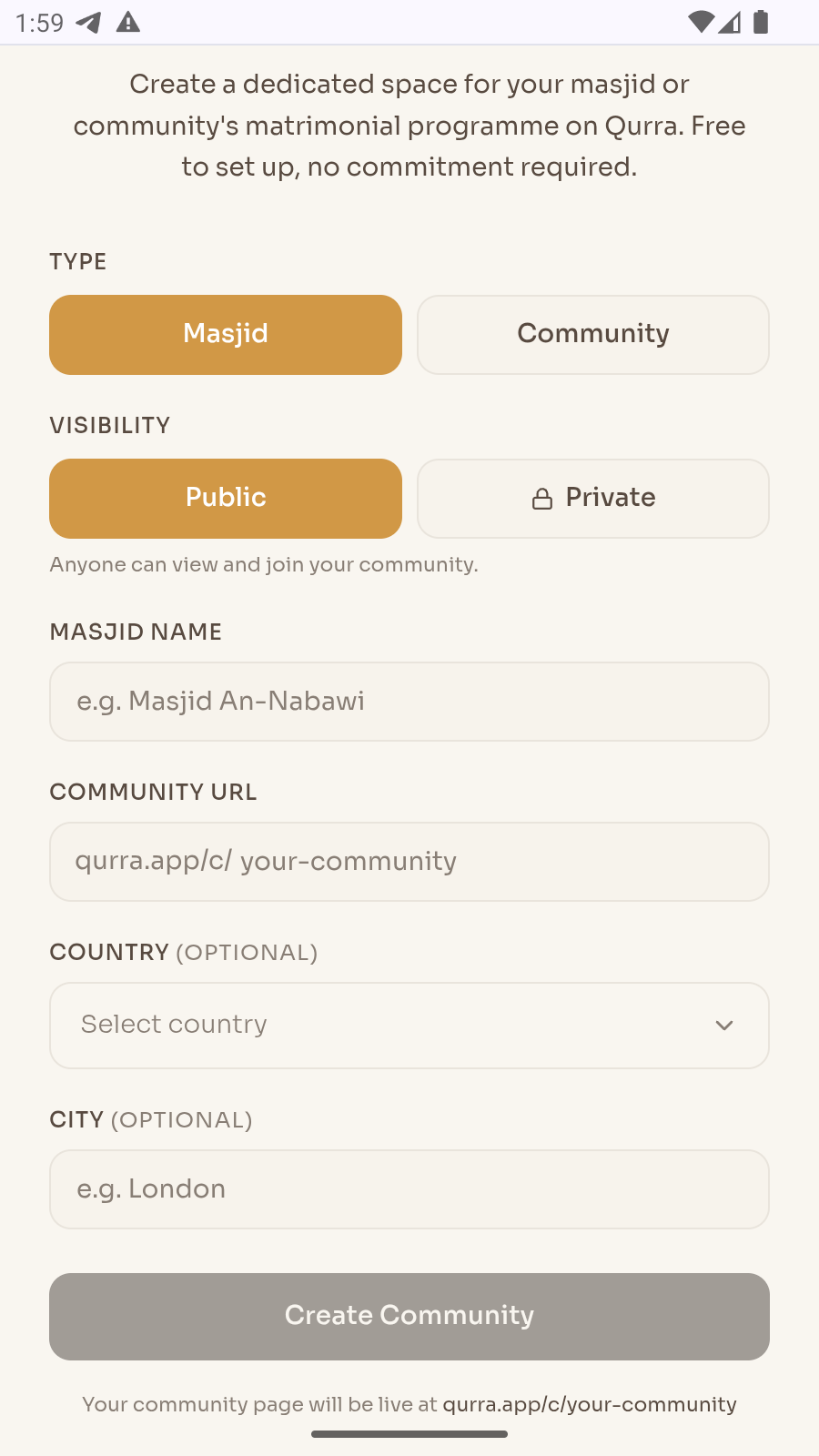 Qurra community creation form