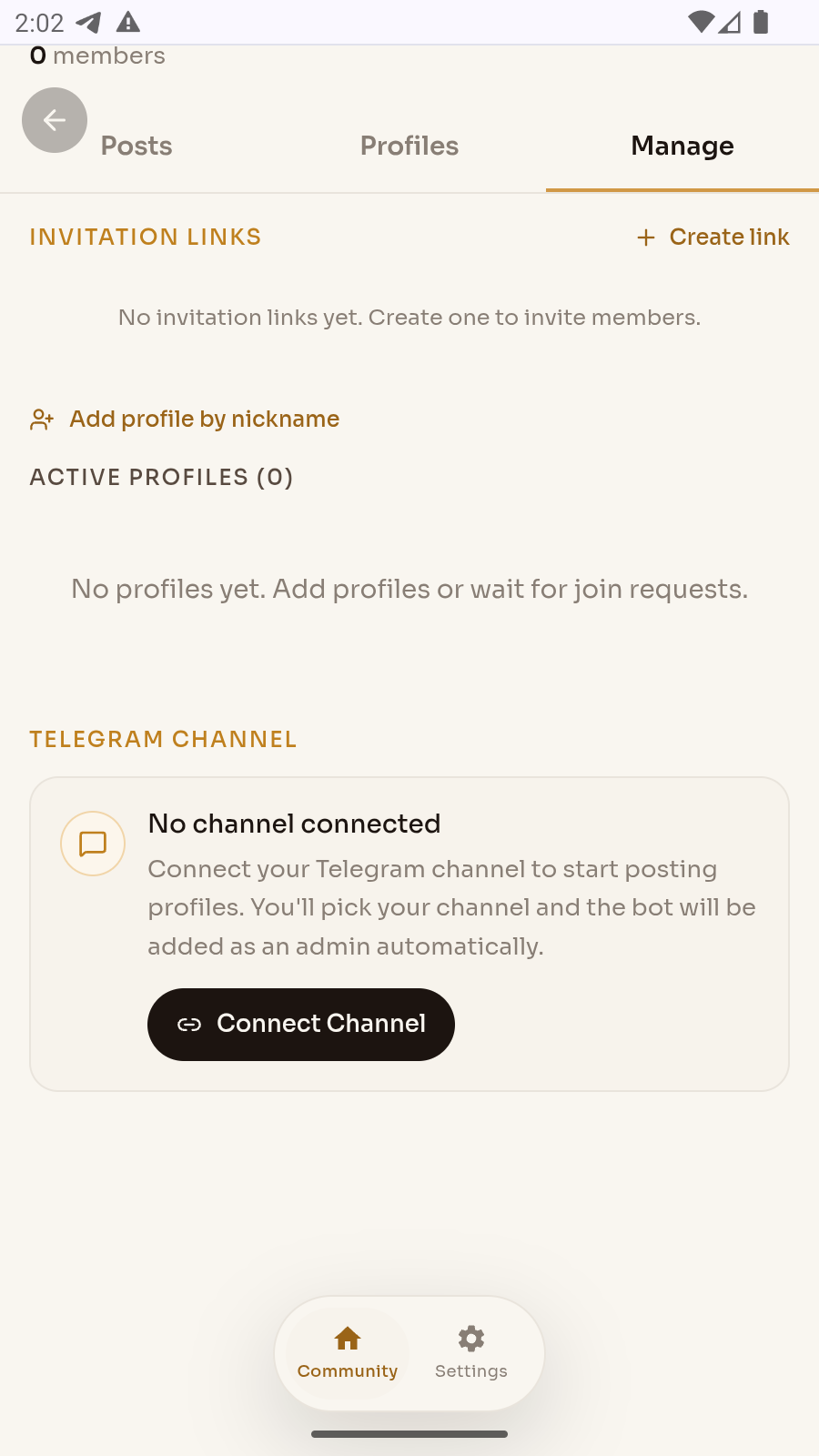 Qurra community management screen showing Telegram channel connection controls