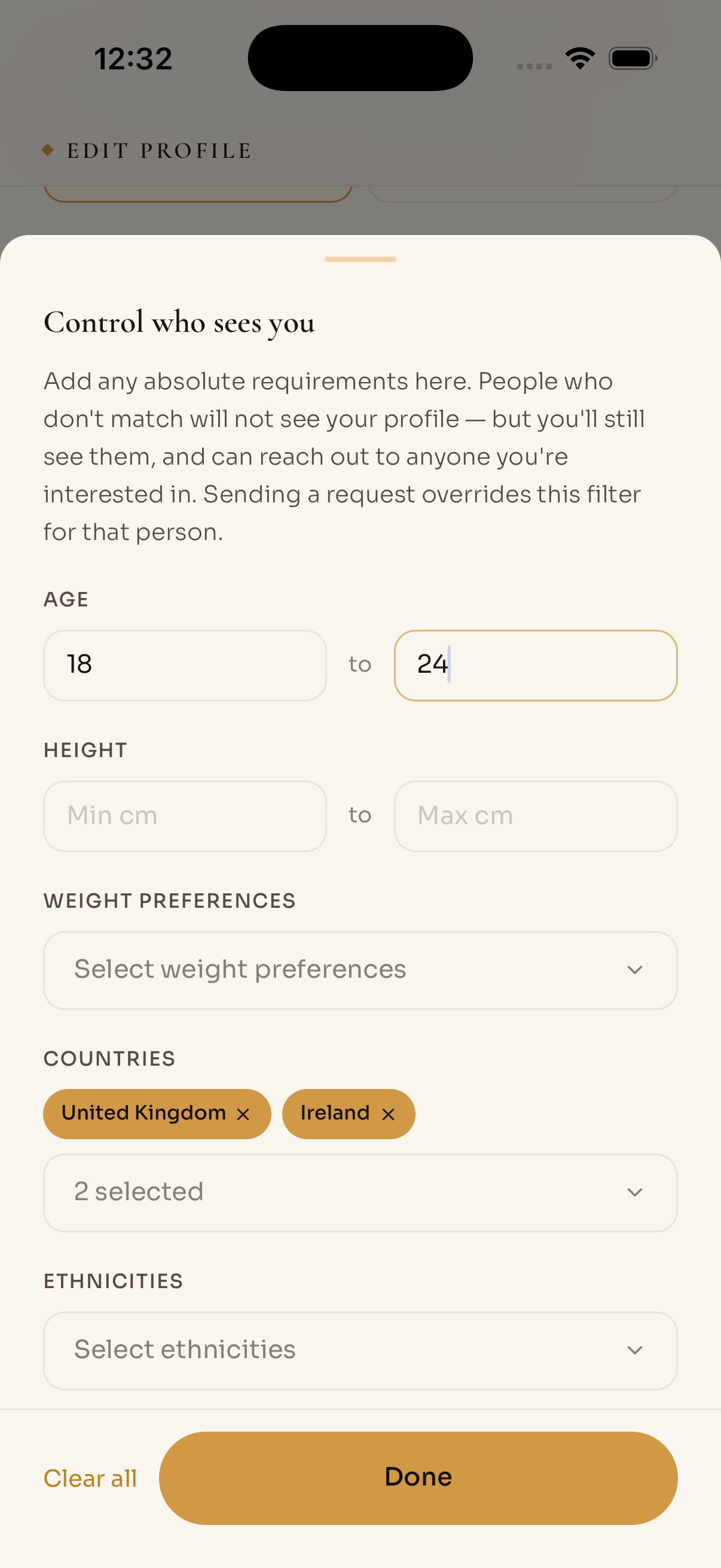 Control who sees you sheet with age, country, and ethnicity requirements