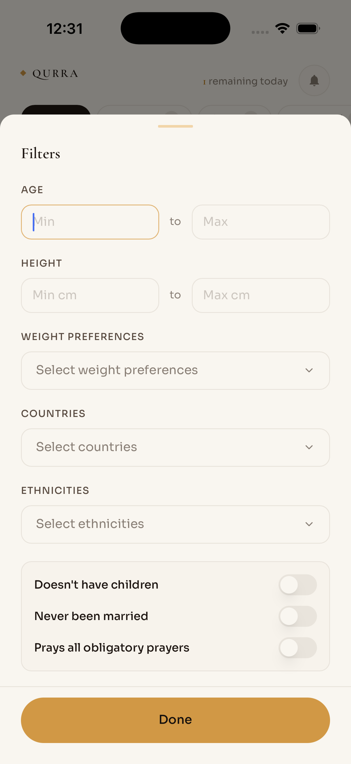 Filters sheet with age, height, weight, country, and ethnicity selectors