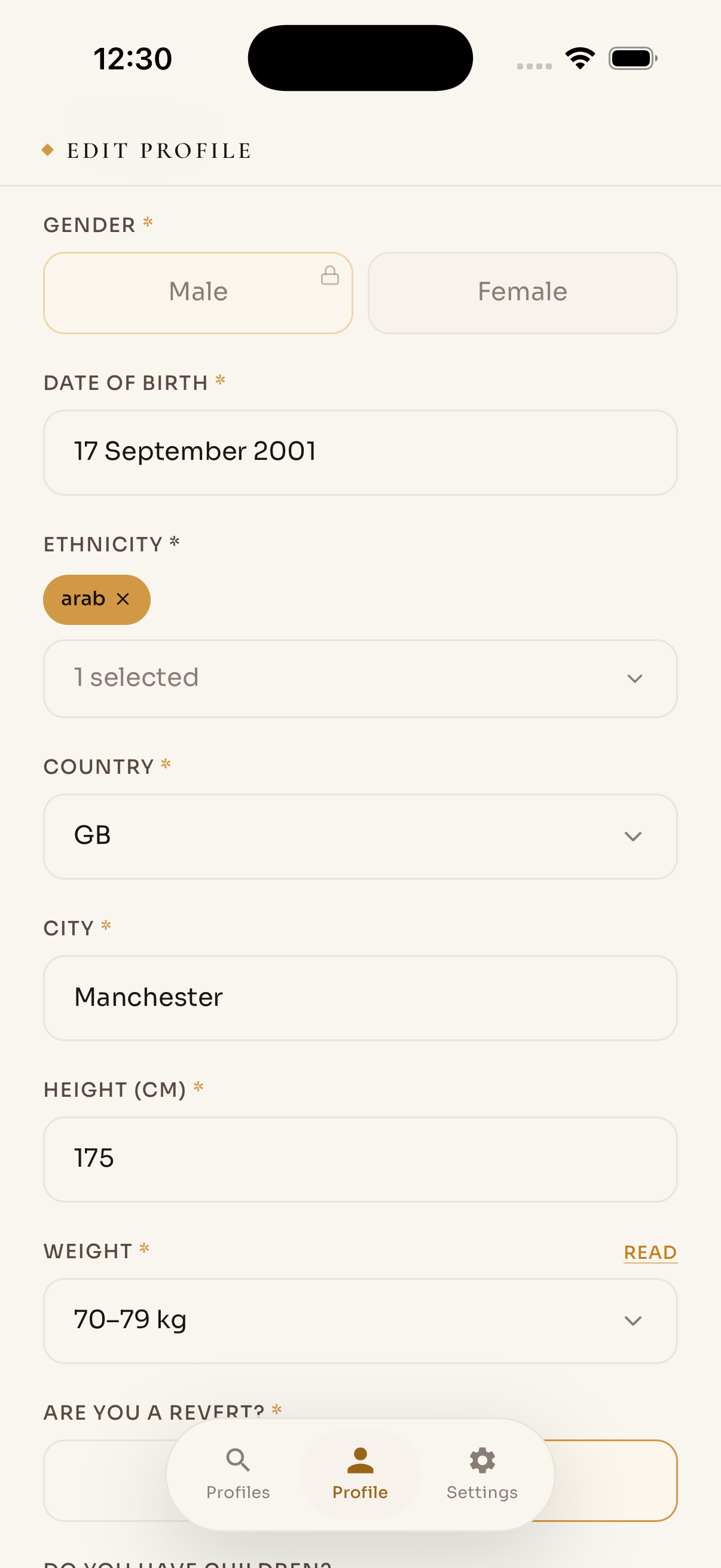 Structured profile editor with gender, ethnicity, location, and lifestyle fields