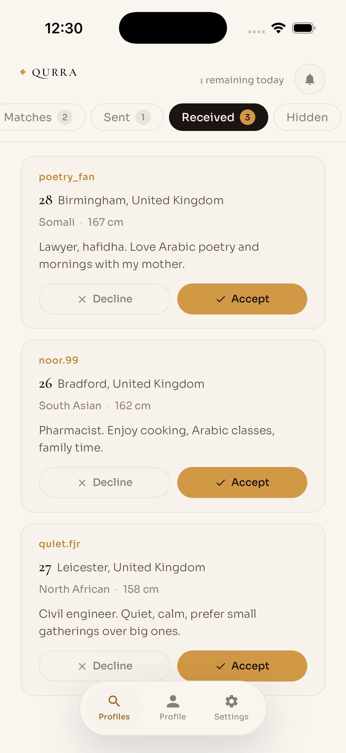 Incoming match requests with accept and decline actions