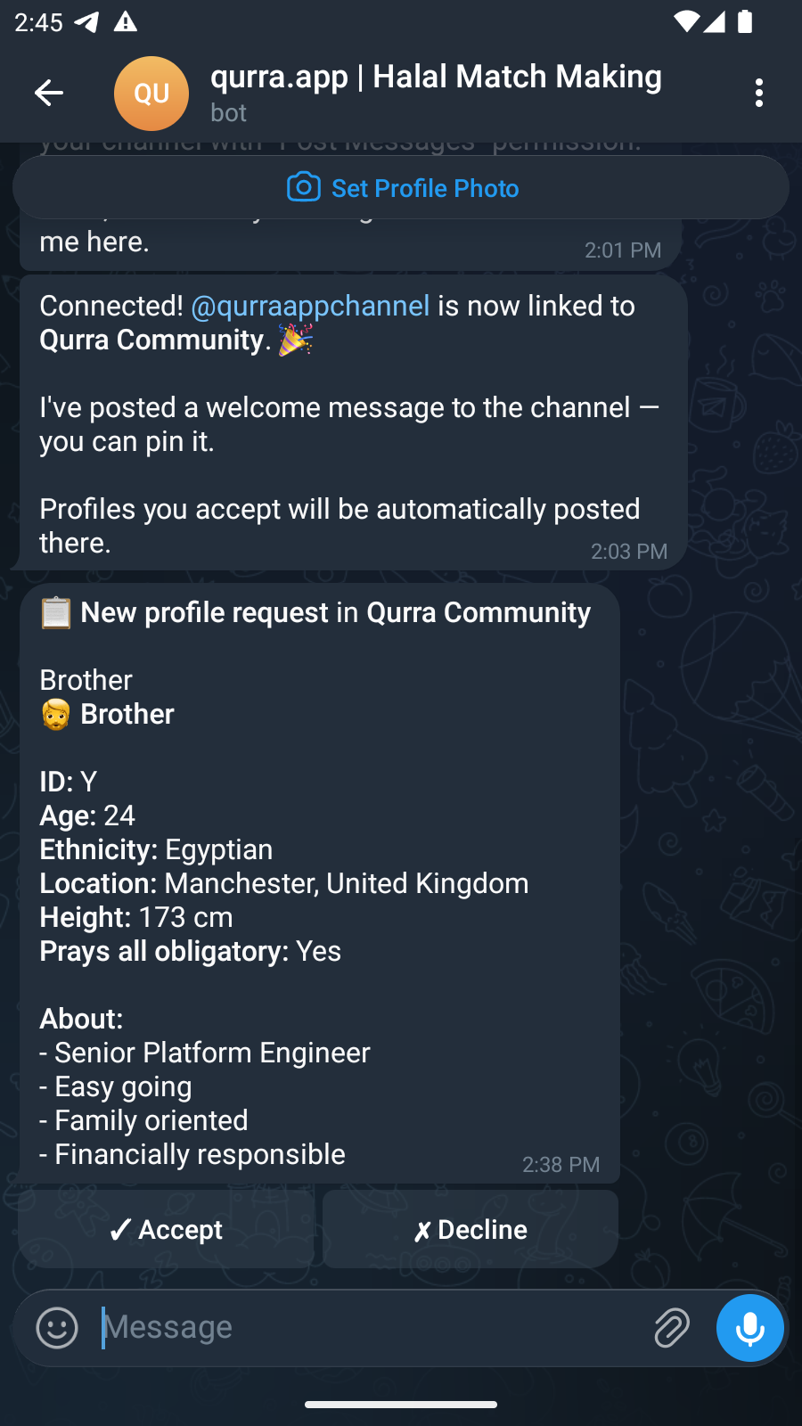 Telegram request review screen with Accept and Decline actions
