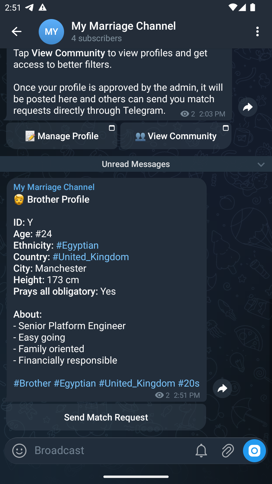 Telegram community channel post with a Send Match Request button