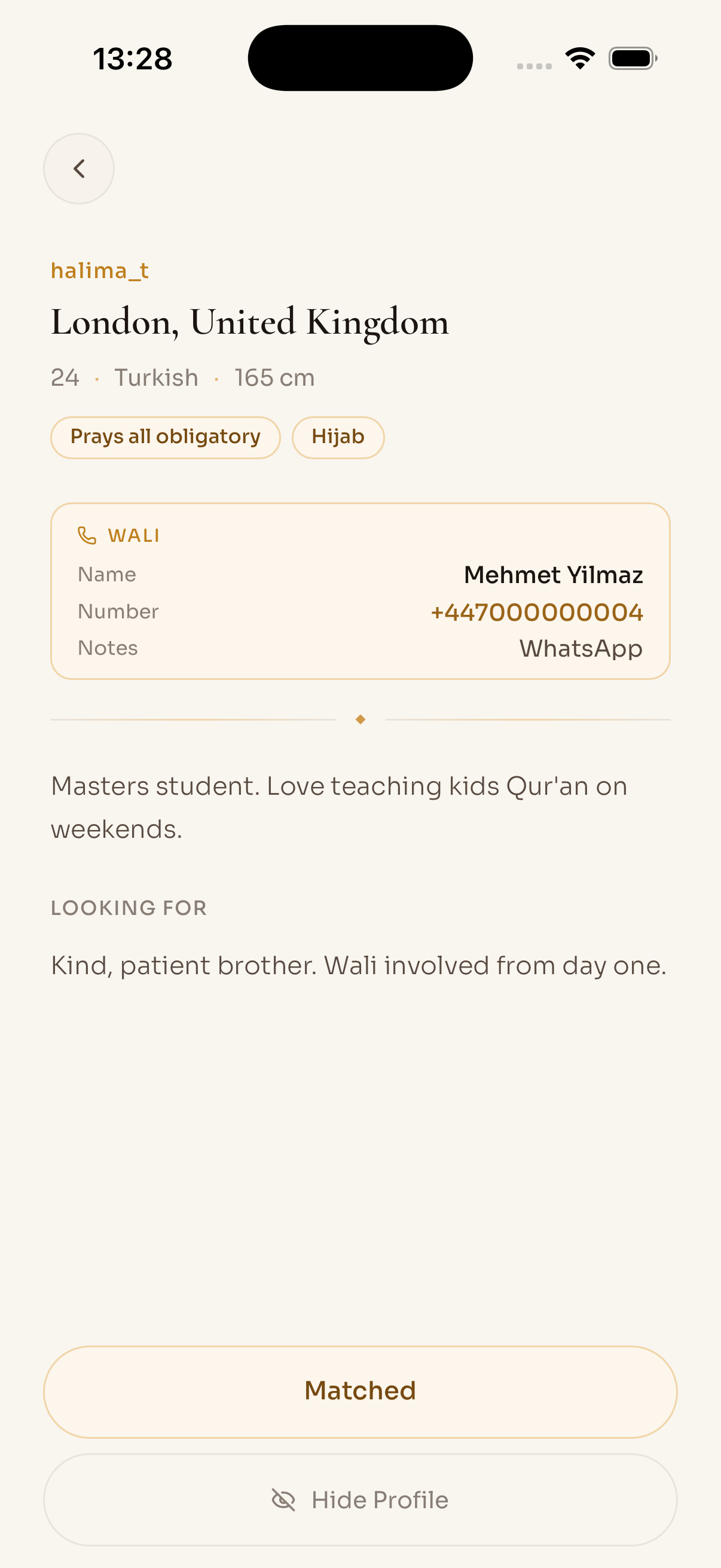 Sister profile with wali contact name, number, and WhatsApp preference